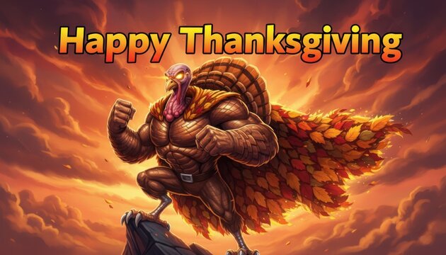 Superhero-style animated turkey with metallic bronze feathers and an autumn leaf cape posing under orange red sky with bold comic thanksgiving text
