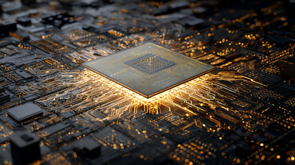 High-tech microprocessor with glowing circuits showcasing advanced computing power in a dramatic close-up.