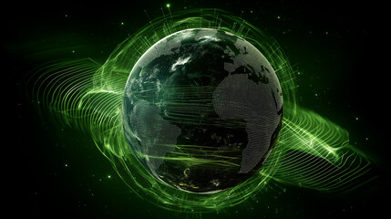 A futuristic vision of green energy and sustainable technology. Illustrations of wind turbines, solar panels, and eco cities powered by renewable energy sources.