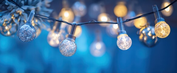 The string lights of glittering decorative bulbs creating warm blue bokeh ambience