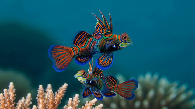 Witness a male Mandarin Dragonet showcasing its stunning blue, orange, and green patterns while performing an elaborate mating dance in a breathtaking coral reef environment.