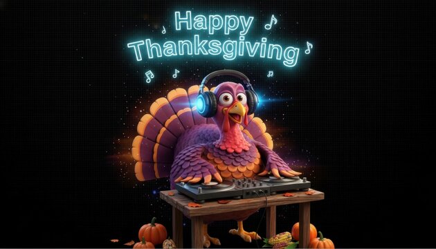 Funny animated turkey with purple and orange feathers DJ-ing with headphones as neon happy thanksgiving lights pulse to music