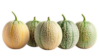 Five round, netted melons of varying green and yellow hues, against a black backdrop