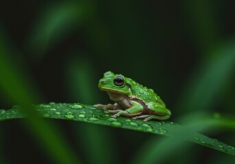 Obraz premium Tiny water droplets cling to the vibrant green skin of a small frog, perfectly camouflaged amidst lush forest foliage after a gentle rain ,camouflage ,tropical ,ecosystem