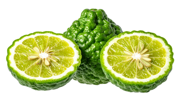 Green citrus fruit, whole and halved, revealing juicy segments