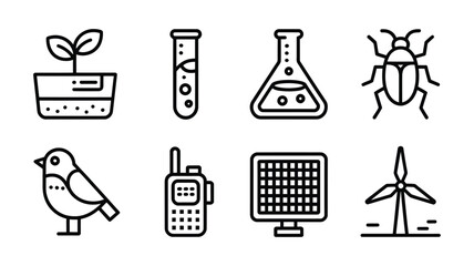 Collection of science and nature icons in a simple line art style