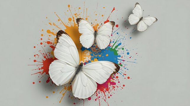 White butterflies and vibrant paint splashes on a light gray surface butterfly white butterfly
