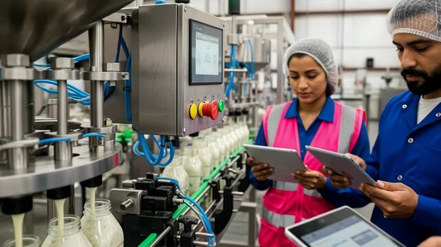 Smooth yogurt and creamy salad dressing fill plastic bottles on an industrial line. Workers monitor processes and ensure accurate dispensing with sensors and technology.