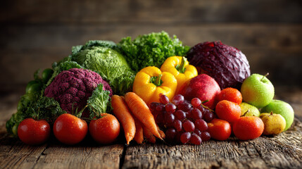Fresh organic vegetables and fruits on rustic wooden table healthy food produce market nutrition diet lifestyle cooking ingredients colorful assortment for ads