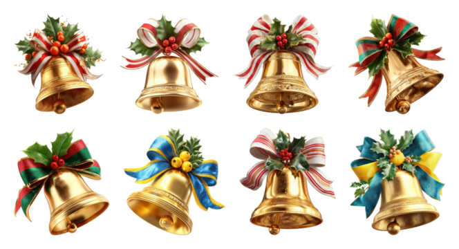 PNG Festive golden bells with ribbons, element set on transparent background - Powered by Adobe