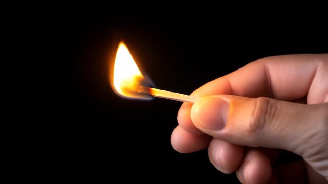 Burning matchstick flame in hand against dark background