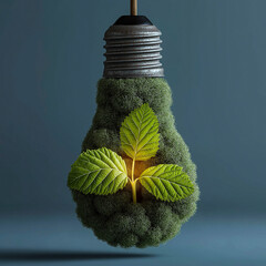 Creative concept of eco innovation and renewable energy. Light bulbs made of leaves, glowing green technology symbols, and futuristic eco icons representing clean energy and environmental progress.