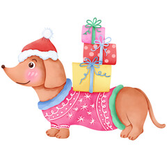 Christmas themed dog cartoon, hand drawn watercolor.