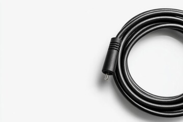 Black, coiled cable with a connector on a white background