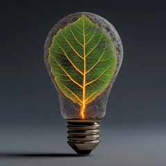 Creative concept of eco innovation and renewable energy. Light bulbs made of leaves, glowing green technology symbols, and futuristic eco icons representing clean energy and environmental progress.