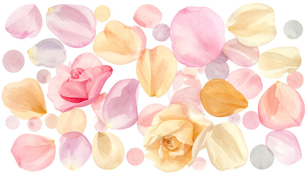 Watercolor floral design with petals and roses in soft pastel colors