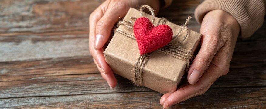 The gift with a red felt heart held gently by caring hands on wood