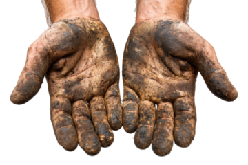 Dirty Hands Clasped Together Showing Soil and Dirt on Skin in Close Up