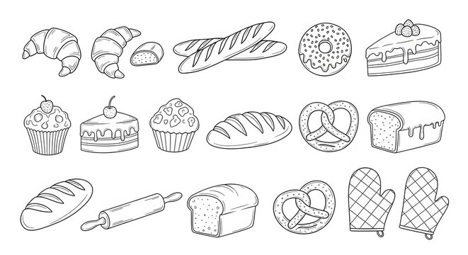 Set of bakery items hand-drawn outline vector illustration perfect for menu design and culinary conc