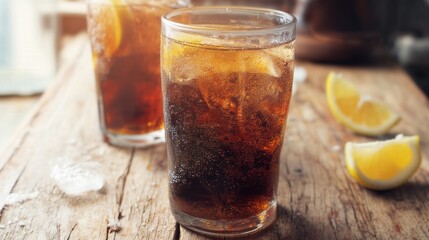 Refreshing Cola Drink with Ice and Lemon on Wooden Table. Generative AI