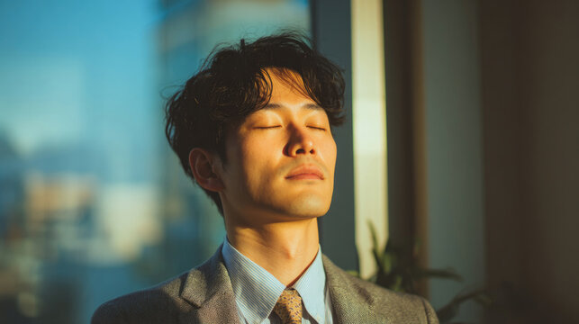 Man enjoying peaceful sunlight with eyes closed