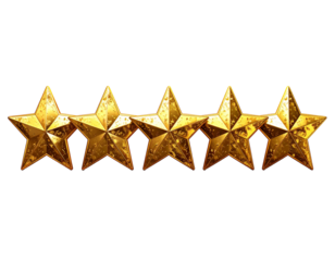Five star rating review icon, golden 5 stars in a row, isolated on white transparent