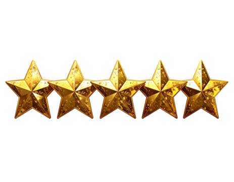 Five star rating review icon, golden 5 stars in a row, isolated on white transparent