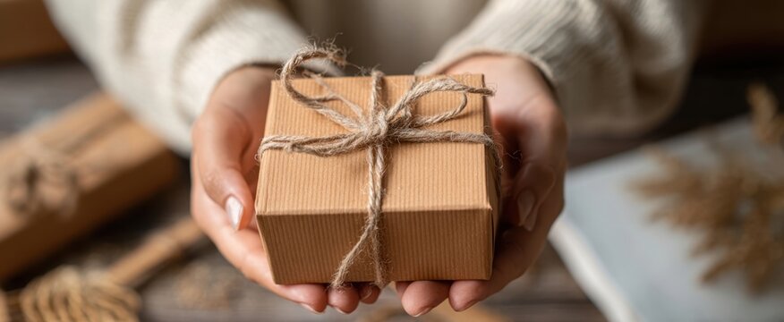 The gift in hands wrapped with twine and kraft paper on cozy table