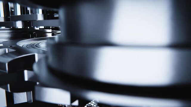 Intricate metallic gears interlock and spin, showcasing industrial mechanics in motion