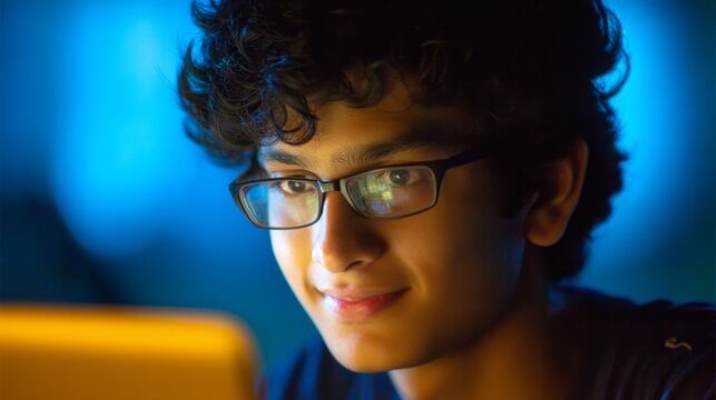 A cheerful young man with curly hair and glasses is focused on his laptop in a softly lit room. His expression shows excitement as he explores new business ideas while enjoying the evening atmosphere