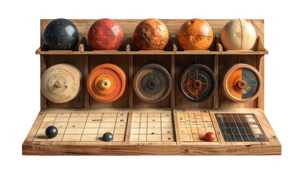 Wooden shelf holds spheres and disks of varied colors and textures