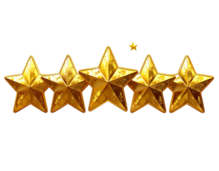 Five star rating review icon, golden 5 stars in a row, isolated on white transparent