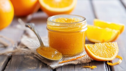 Fresh homemade orange jam in a glass jar with citrus slices. Generative AI