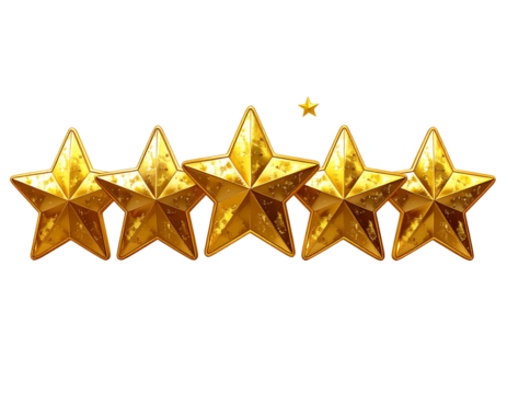 Five star rating review icon, golden 5 stars in a row, isolated on white transparent - Powered by Adobe
