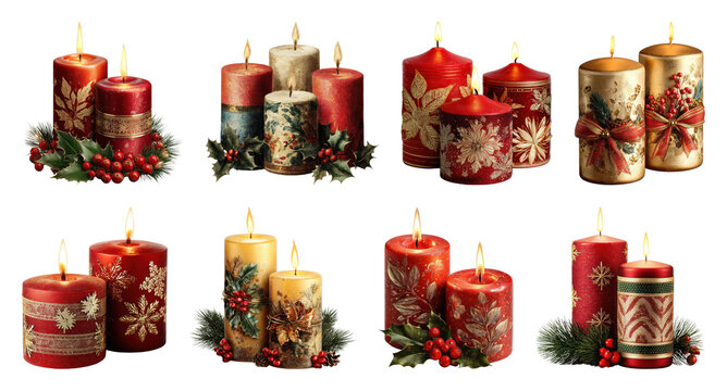 PNG Festive candles with decorative designs, element set on transparent background