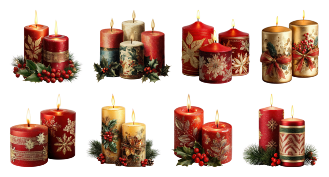 PNG Festive candles with decorative designs, element set on transparent background