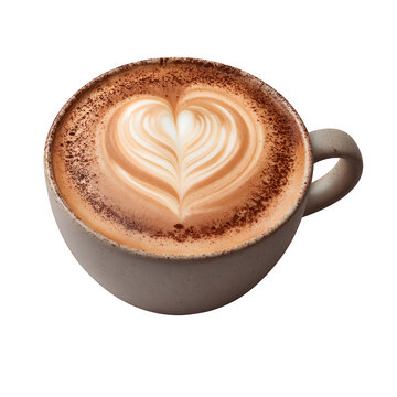 Latte art heart in ceramic cup isolated on transparent background