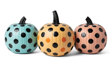 Three colorful pumpkins with black polka dots are arranged on a white background. The pumpkins are orange, blue, and pink, perfect for Halloween decoration. 