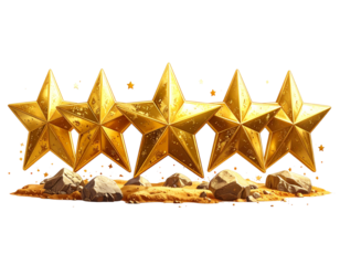 Five star rating review icon, golden 5 stars in a row, isolated on white transparent