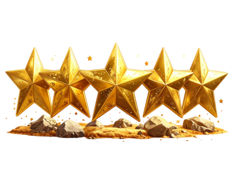 Five star rating review icon, golden 5 stars in a row, isolated on white transparent