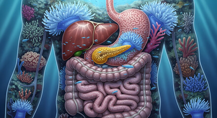 Human Body as an Underwater Ecosystem Healthy Gut Microbiome Concept