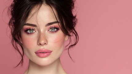 Naklejka premium Stunning young woman with freckles and glossy lips showcasing fresh spring makeup looks against a modern pink backdrop for beauty campaigns