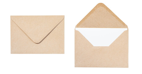 Two isolated kraft paper envelopes on white background. One open with white paper, one closed ready for mailing.