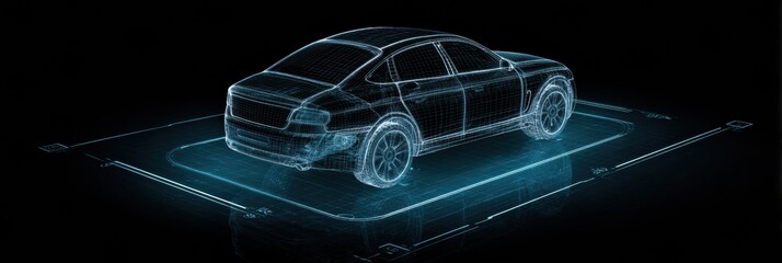 3D Holographic Rendering of a Modern Car Showcasing Advanced Technology and Design in a Sleek Digital Environment