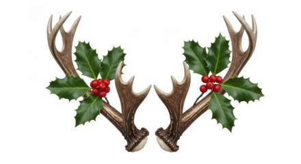 Deer antlers with holly berries isolated on transparent background, png