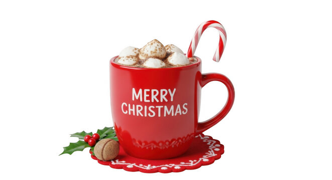 Merry christmas hot chocolate mug with marshmallows and candy cane, isolated on transparent background, png