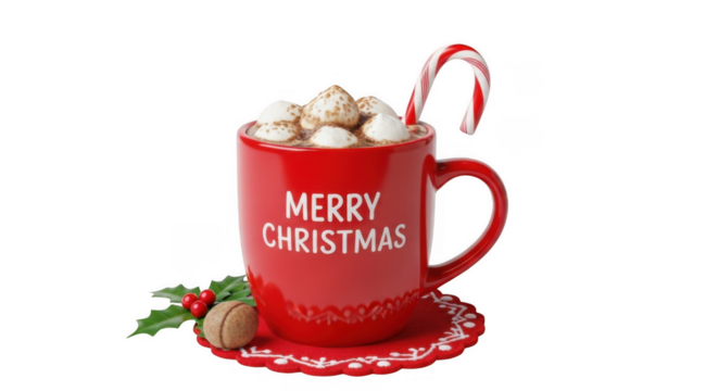Merry christmas hot chocolate mug with marshmallows and candy cane, isolated on transparent background, png - Powered by Adobe