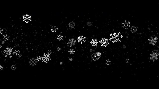 White Snowflakes of Different Shapes and Sizes Moving Left to Right on a Transparent Background in 4K &mdash; Ideal Overlay for Christmas, Winter Holidays, Festive Intros, and Seasonal Design Projects