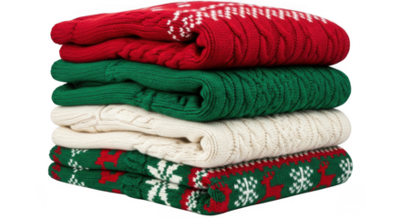 Isolated on transparent background, png - stack of christmas sweaters