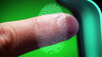Closeup of a finger being scanned by a biometric fingerprint reader highlighting security technology and personal identification for access control and digital authentication. - Powered by Adobe